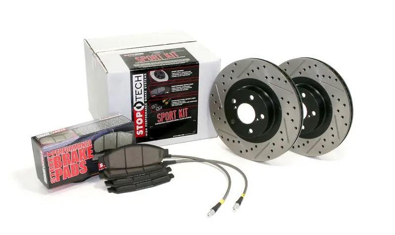 Stoptech 978.44002F Sport Front Brake Kit – Slotted & Drilled Rotors With Stainless Steel Brake Lines 1