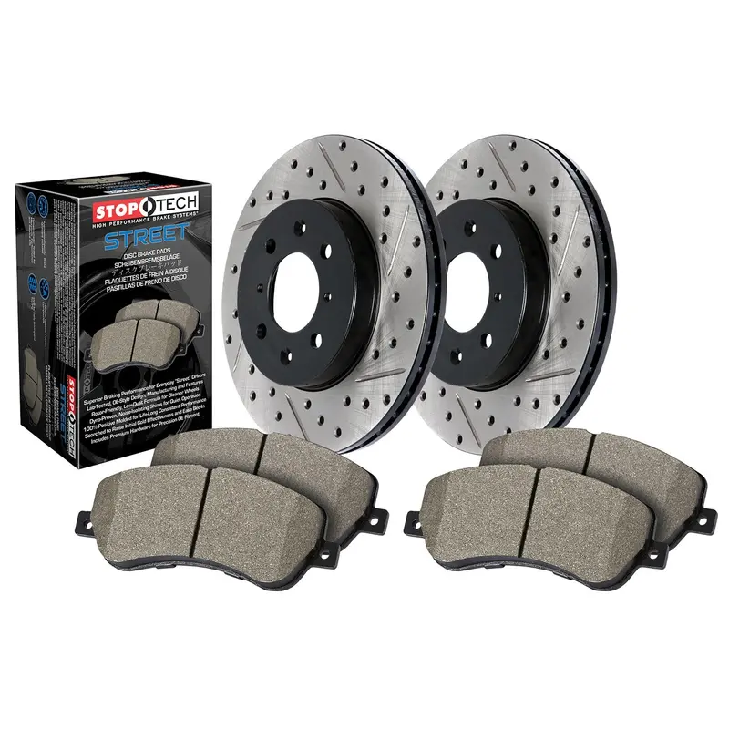 Stoptech Street Front Brake Kit – Drilled & Slotted Rotors And Pads 1